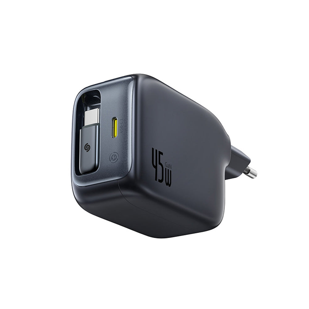 Baseus EnerCore CJ11 45W Wall Charger med USB-C-port og indtrækbart USB-C-kabel - sort