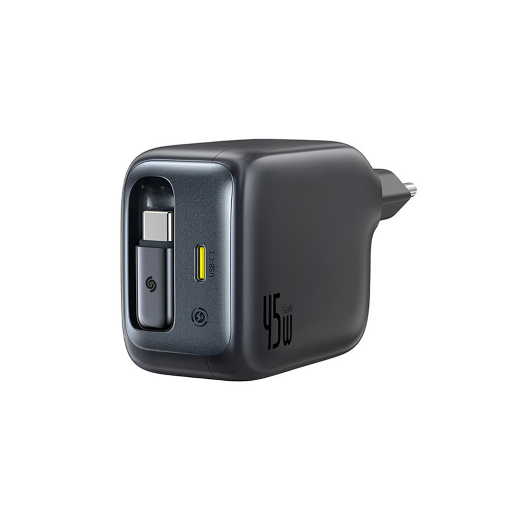 Baseus EnerCore CJ11 45W Wall Charger med USB-C-port og indtrækbart USB-C-kabel - sort