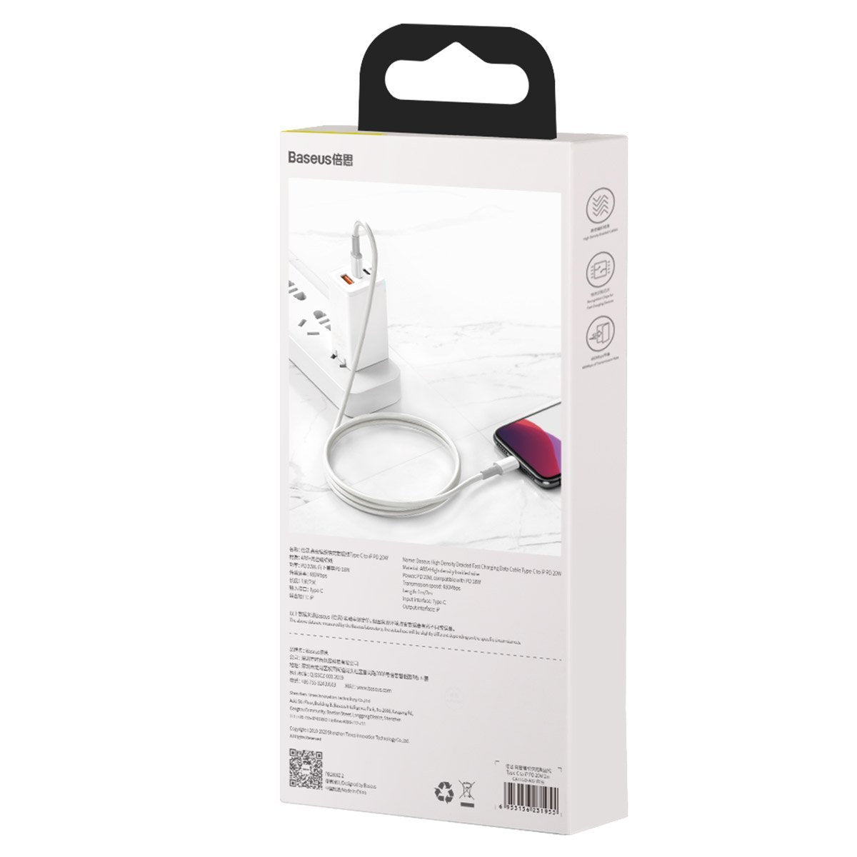 USB-C til Lightning Baseus High Density Braided Cable, 20W, PD, 2m (hvid)