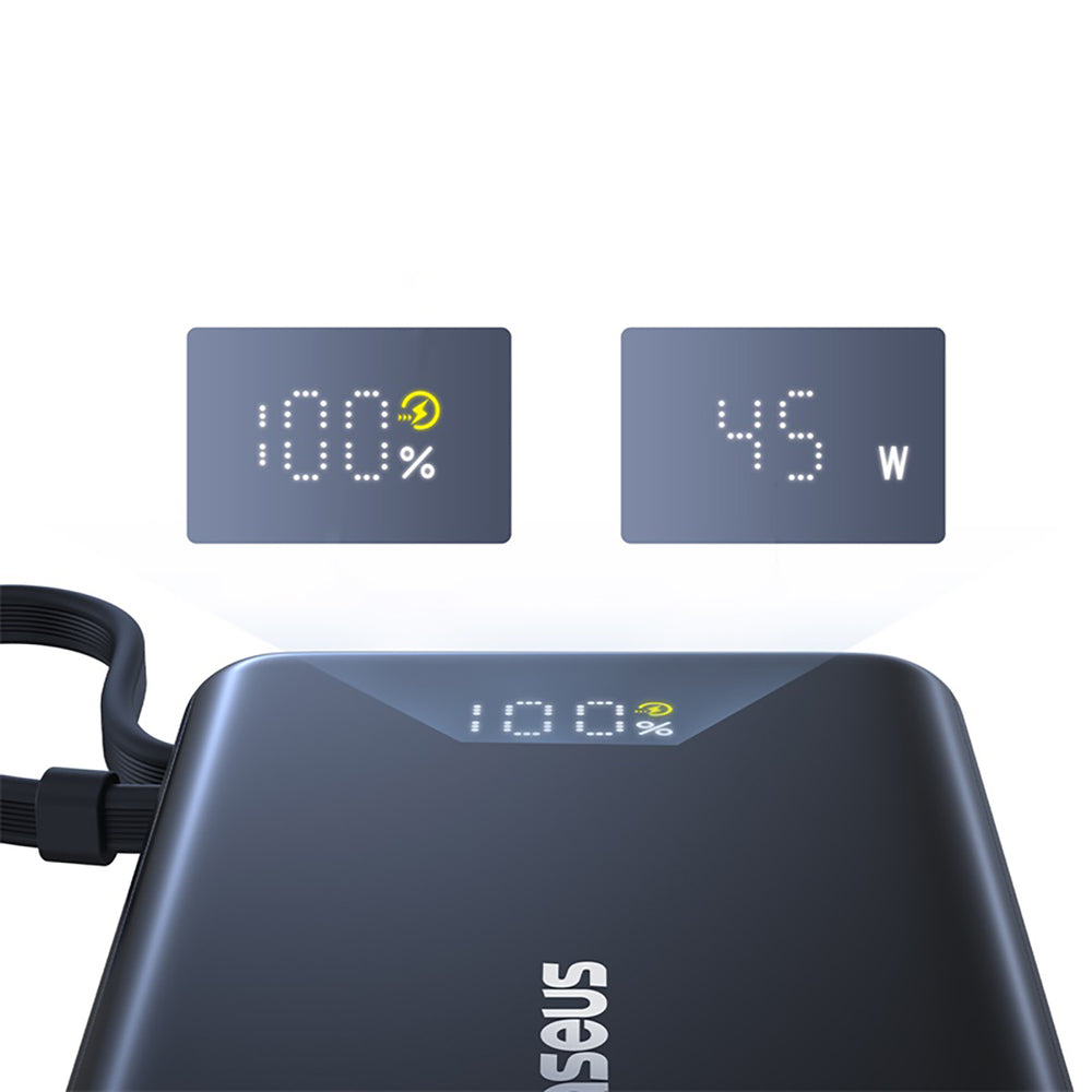 Baseus PicoGo 10000mAh 45W Power Bank with Digital Display and Built-in USB-C Cable - Black