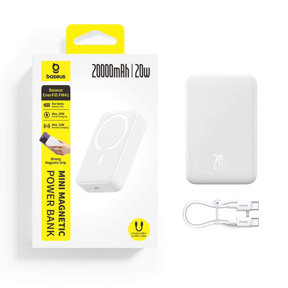 Baseus EnerFill FM41 20000mAh 20W Magnetic Power Bank with USB-C to USB-C Cable 30cm - White