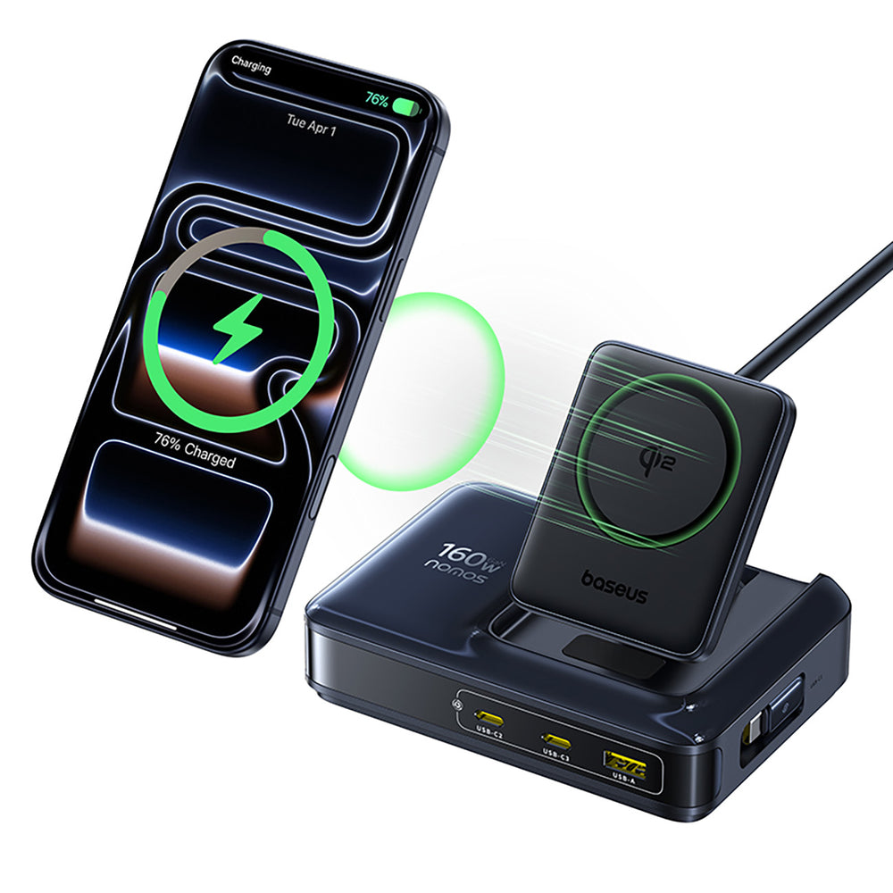 Baseus Nomos NH21 Qi2 160W 4-in-1 Wireless Charging Station with Retractable Cable - Black