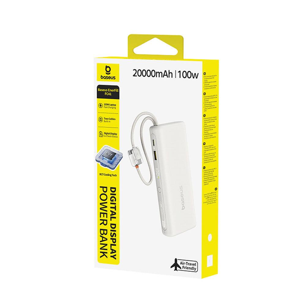 Baseus EnerFill FC41 20000mAh 100W Power Bank med digitalt display med to indbyggede USB-C-kabler - beige