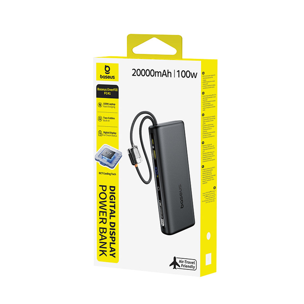 Baseus EnerFill FC41 20000mAh 100W Power Bank with Digital Display and Built-in Dual USB-C Cable - Black