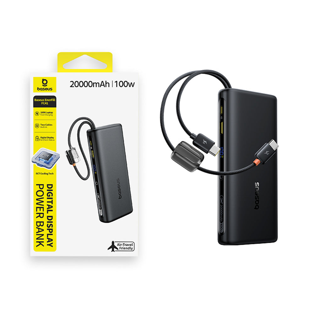 Baseus EnerFill FC41 20000mAh 100W Power Bank with Digital Display and Built-in Dual USB-C Cable - Black