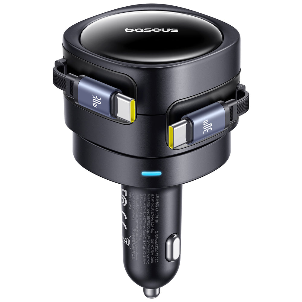 Baseus Enjoyment Max 60W Car Charger with Two Retractable USB-C Cables - Black