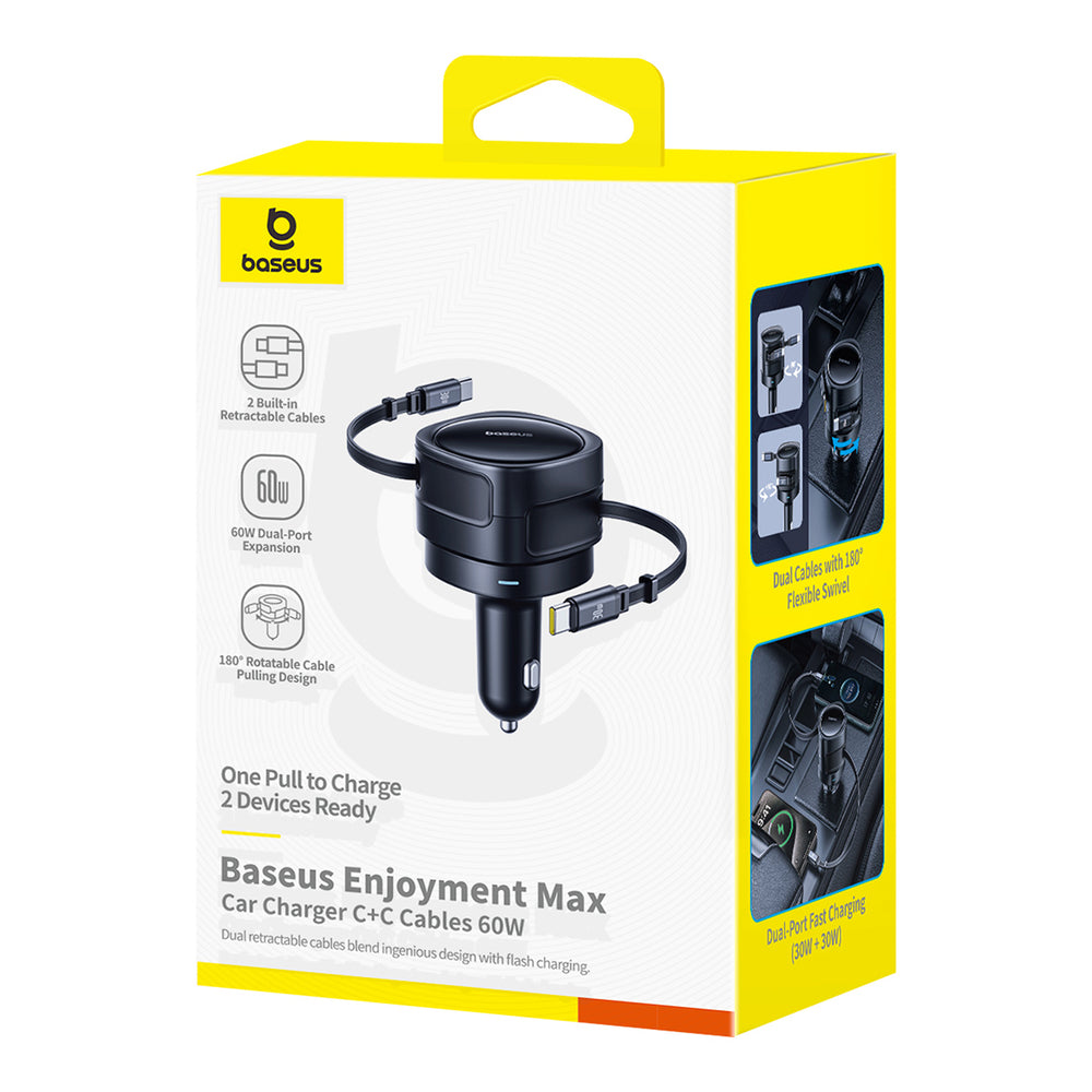 Baseus Enjoyment Max 60W Car Charger with Two Retractable USB-C Cables - Black