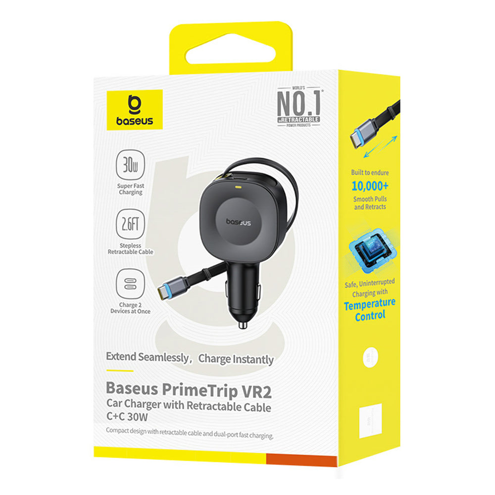 Baseus PrimeTrip VR2 30W Car Charger with Retractable USB-C Cable - Black