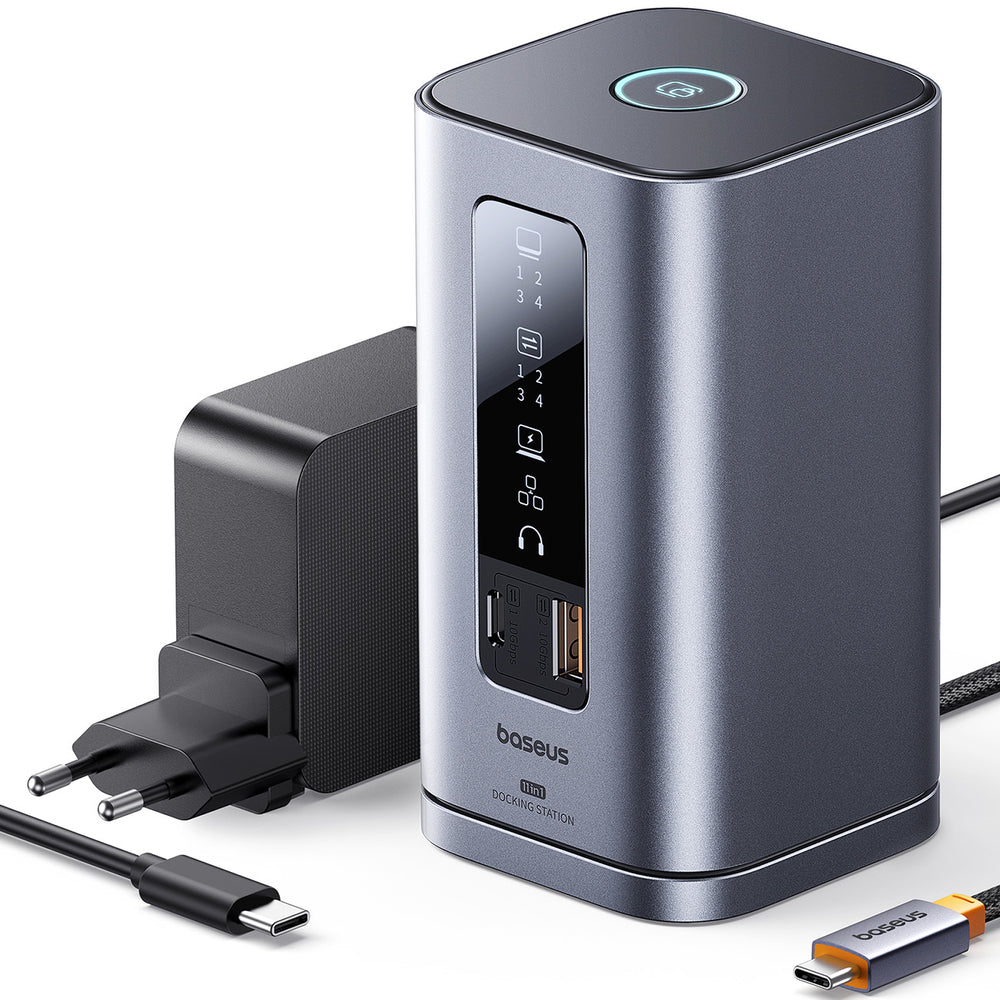 Baseus Spacemate RD1 hub 11in1 USB-C docking station - 2xHDMI 4K@60Hz 2xDP 4K@60Hz 2xUSB-A 10Gb/s USB-C 10Gb/s RJ45 USB-A 480Mb/s USB-C PD mini jack 3.5mm EU oplader - grå