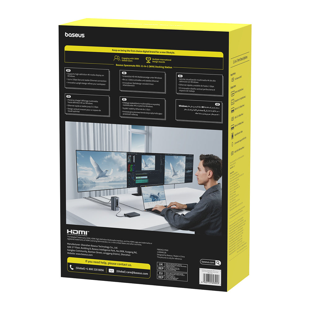 Baseus Spacemate RD1 hub 11in1 USB-C docking station - 2xHDMI 4K@60Hz 2xDP 4K@60Hz 2xUSB-A 10Gb/s USB-C 10Gb/s RJ45 USB-A 480Mb/s USB-C PD mini jack 3.5mm EU oplader - grå