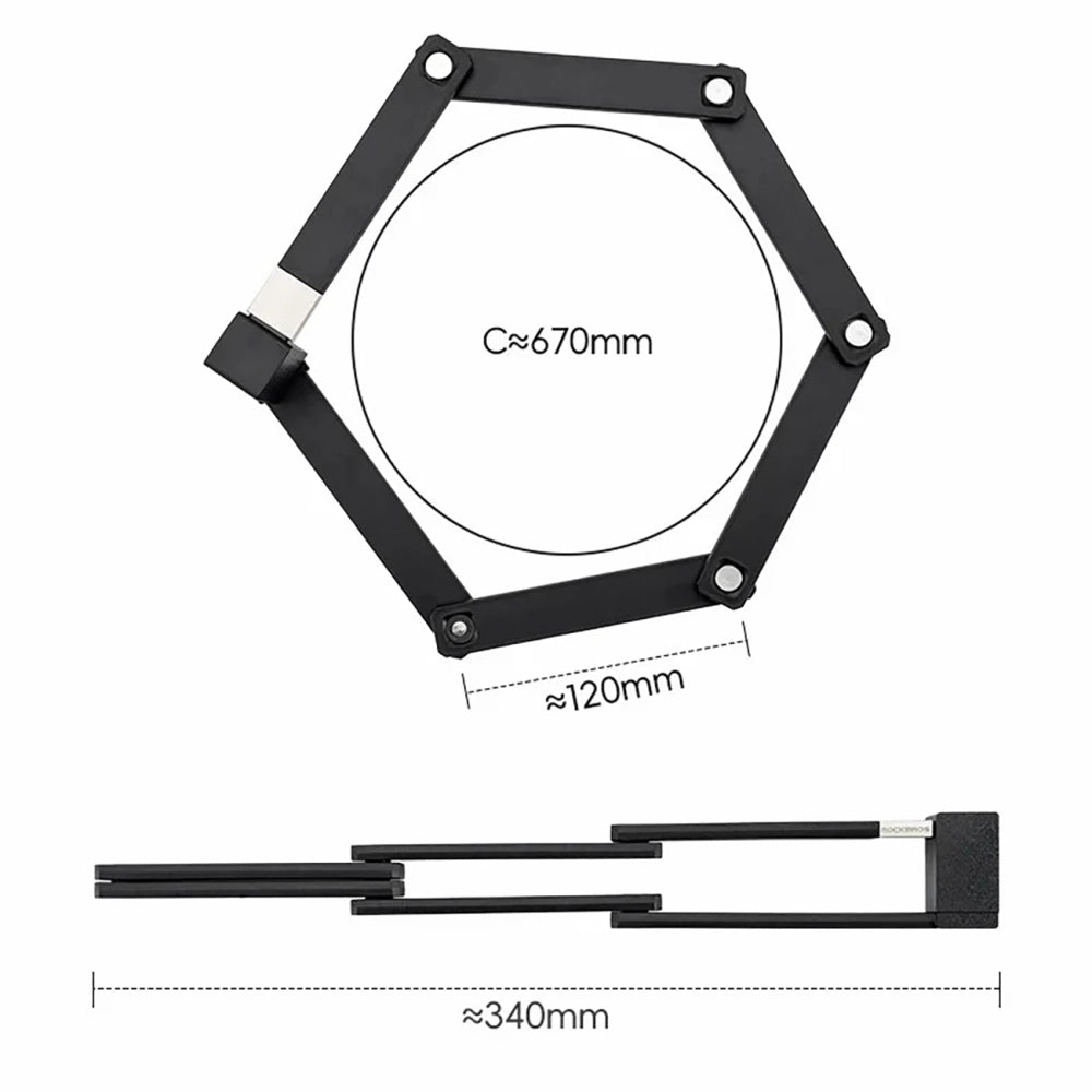 Rockbros 32140003001 foldable bicycle lock with key and handle, 88cm - black