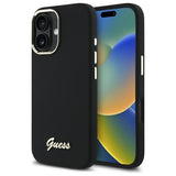 Guess Silicone Script Metal Logo & Frame Case til iPhone 16 Plus - sort