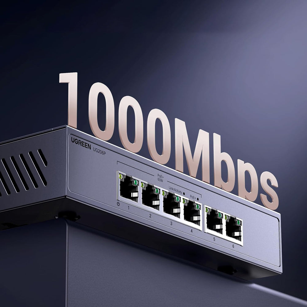 Switch Ugreen 6-Port 1Gb/s Ethernet Switch med PoE - Grå
