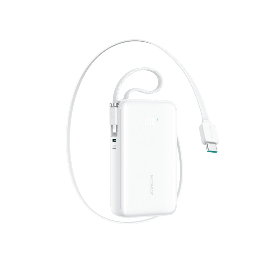 Joyroom JR-PR2L 10000mAh 35W Power Bank med indbygget inddrageligt USB-C-kabel og Lightning Lanyard-kabel - hvid