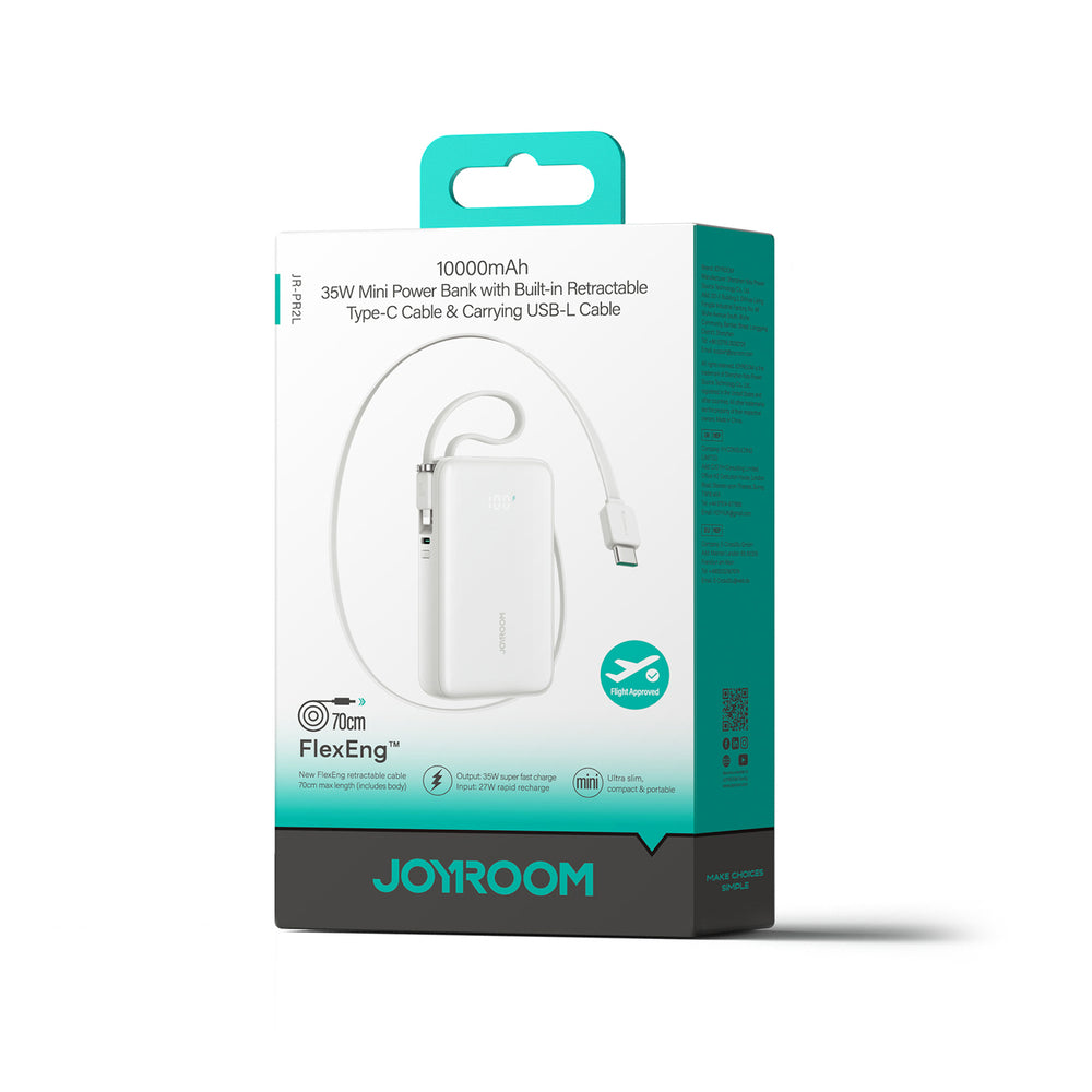 Joyroom JR-PR2L 10000mAh 35W Power Bank med indbygget inddrageligt USB-C-kabel og Lightning Lanyard-kabel - hvid