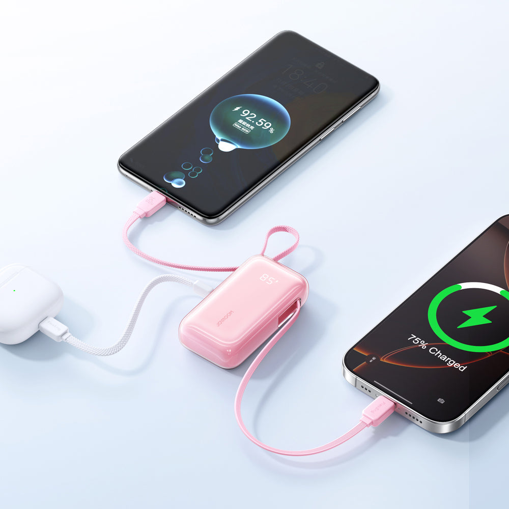 Joyroom JR-PR2L 10000mAh 35W Power Bank med indbygget inddrageligt USB-C-kabel og Lightning Lanyard-kabel - Pink