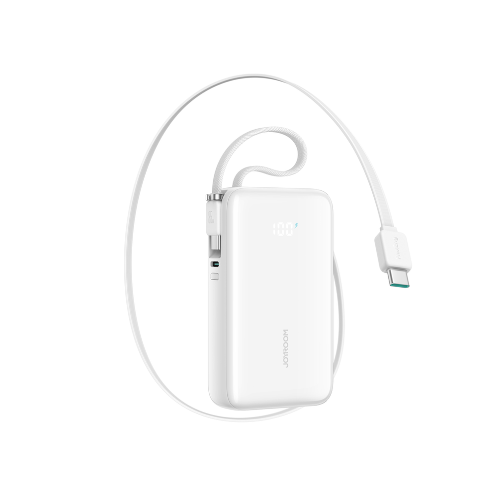 Joyroom JR-PR2 35W 10000mAh Power Bank med indtrækbar USB-C-kabel og indbygget lynkabel - hvid