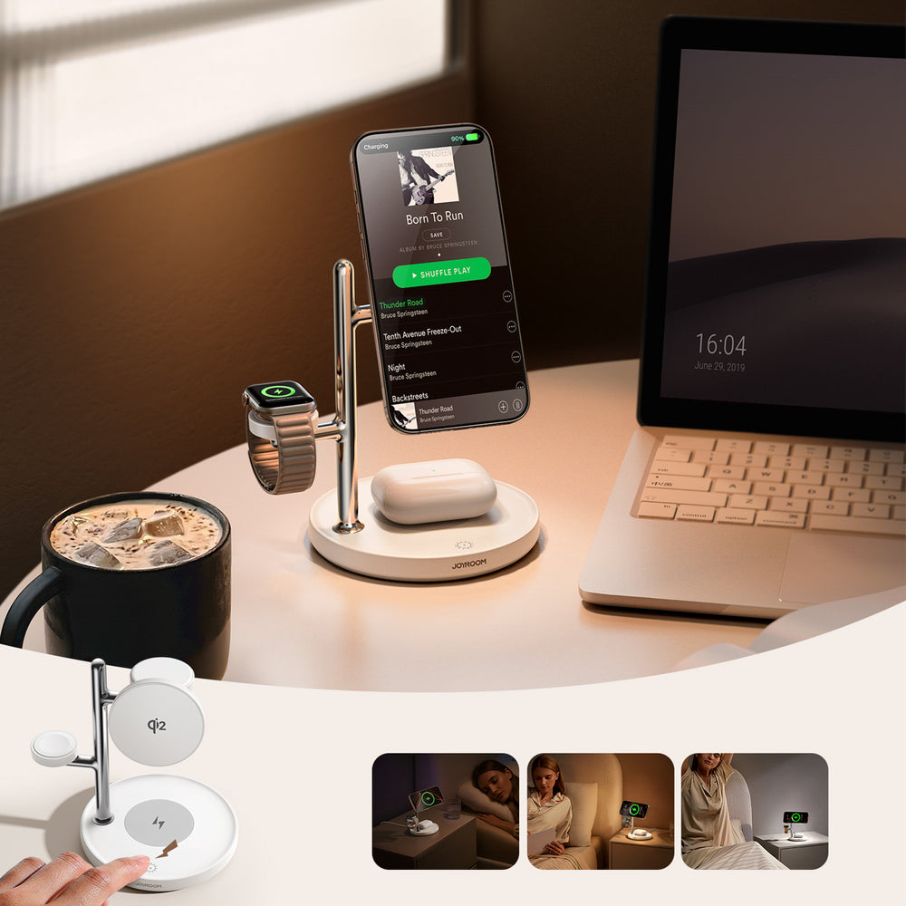 Joyroom JR-W23 Qi2 4-i-1 bordoplader med indbygget induktiv natlampe - hvid