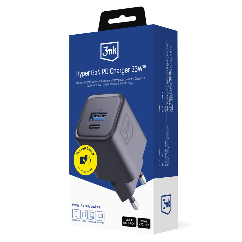 3mk Hyper Charger PD 33W GaN QC4+ PPS AFC FCP SCP 1A1C Wall Charger - sort