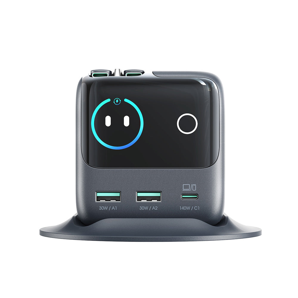 Joyroom Podix JR-TRD01 GaN 140W Desktop oplader med 5 porte og dobbelt indtrækbare kabler - Grå