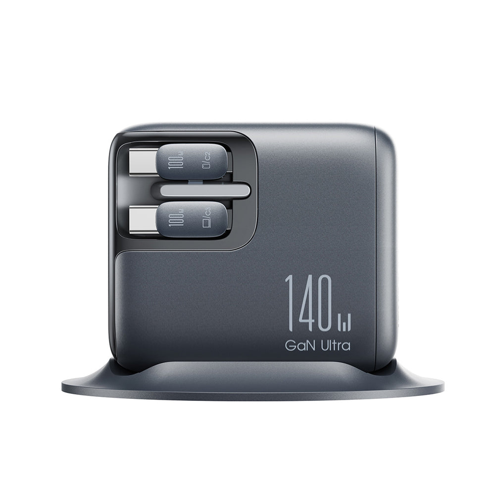 Joyroom Podix JR-TRD01 GaN 140W Desktop oplader med 5 porte og dobbelt indtrækbare kabler - Grå