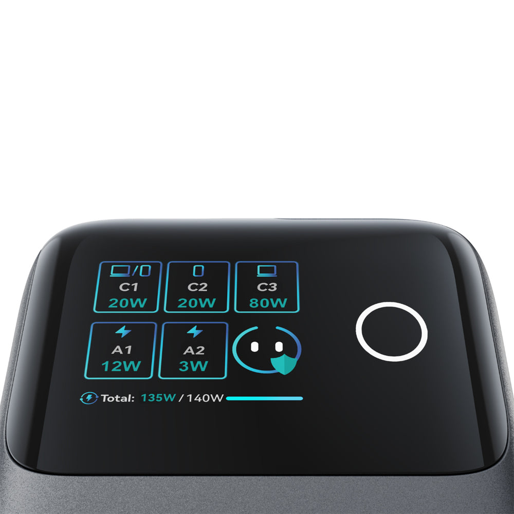 Joyroom Podix JR-TRD01 GaN 140W Desktop oplader med 5 porte og dobbelt indtrækbare kabler - Grå