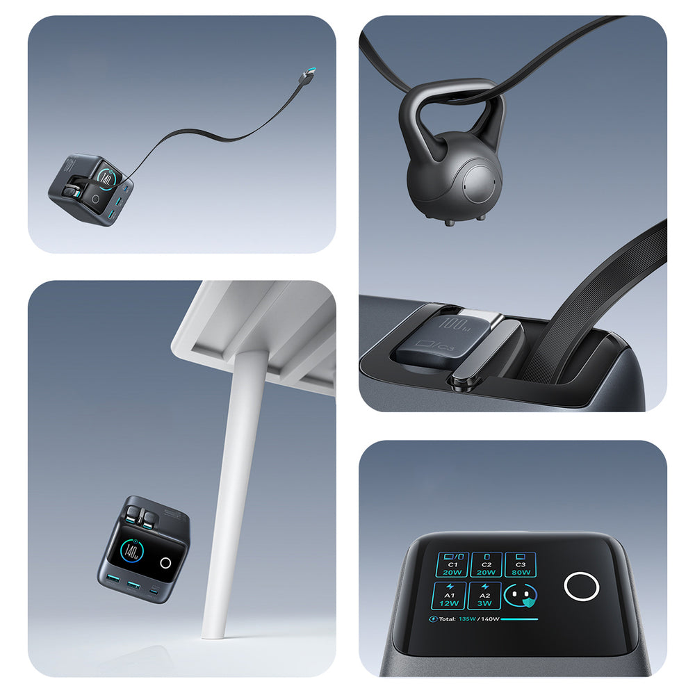 Joyroom Podix JR-TRD01 GaN 140W Desktop oplader med 5 porte og dobbelt indtrækbare kabler - Grå