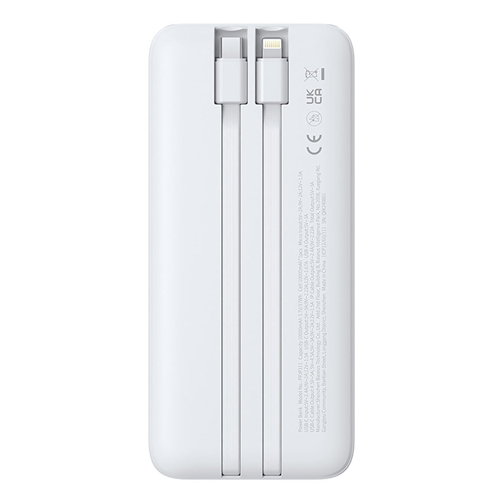 Baseus Lipow 10000mAh 22.5W Powerbank med to indbyggede kabler (med Baseus Simple USB-A - USB-C 3A 20cm kabel) - hvid