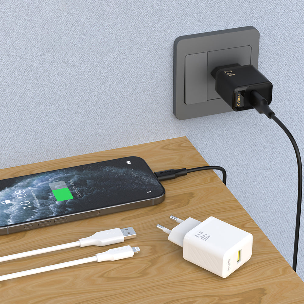 Dudao A23LEU 2.4A GaN EU USB-A Wall Charger med USB-A til Lightning Cable - hvid