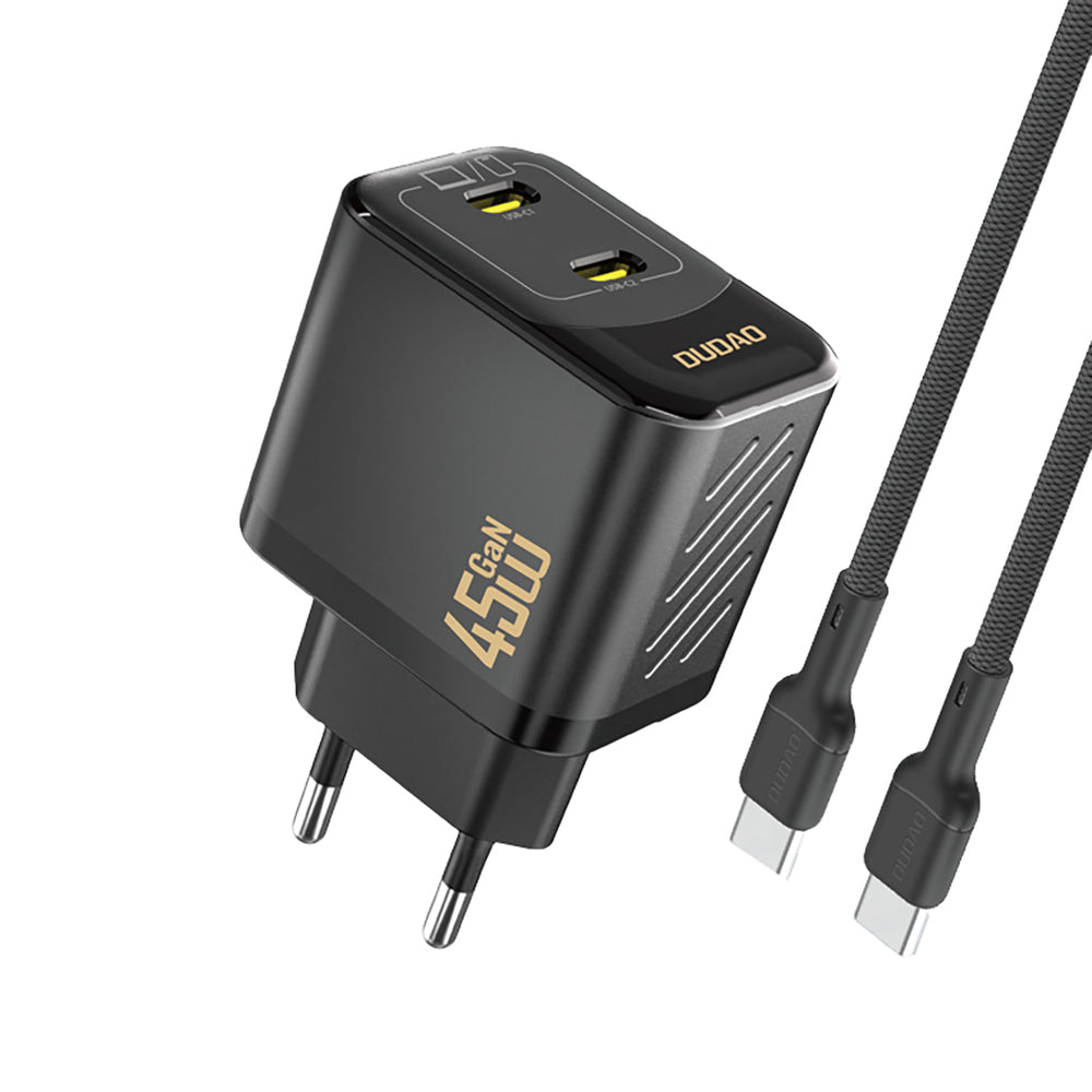 Dudao A28PCEU PD 45W GaN 2xUSB-C Wall Charger med USB-C-kabel - sort