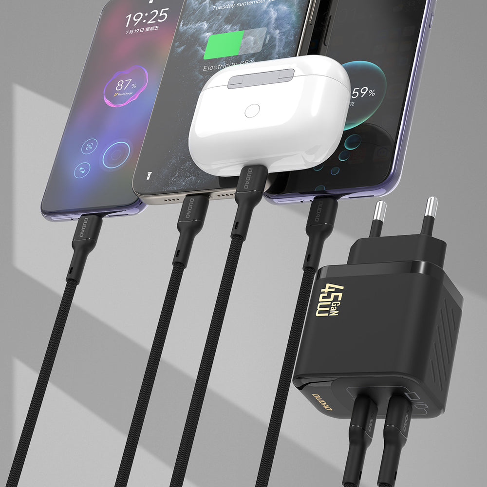 Dudao A28PCEU PD 45W GaN 2xUSB-C Wall Charger med USB-C-kabel - sort