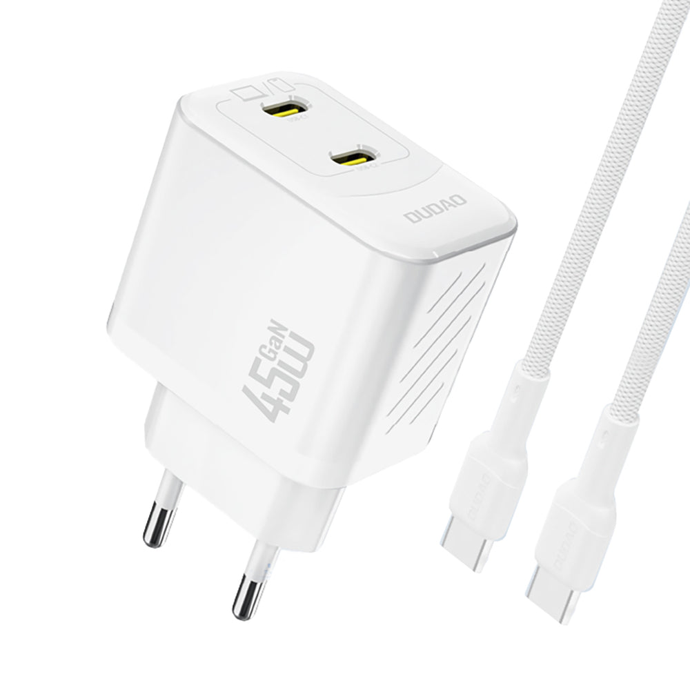 Dudao A28PCEU PD 45W GaN 2xUSB-C Wall Charger med USB-C-kabel - hvid