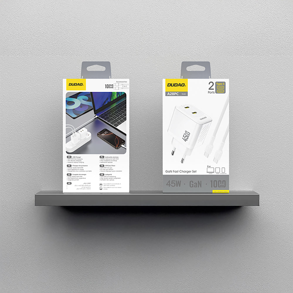 Dudao A28PCEU PD 45W GaN 2xUSB-C Wall Charger med USB-C-kabel - hvid