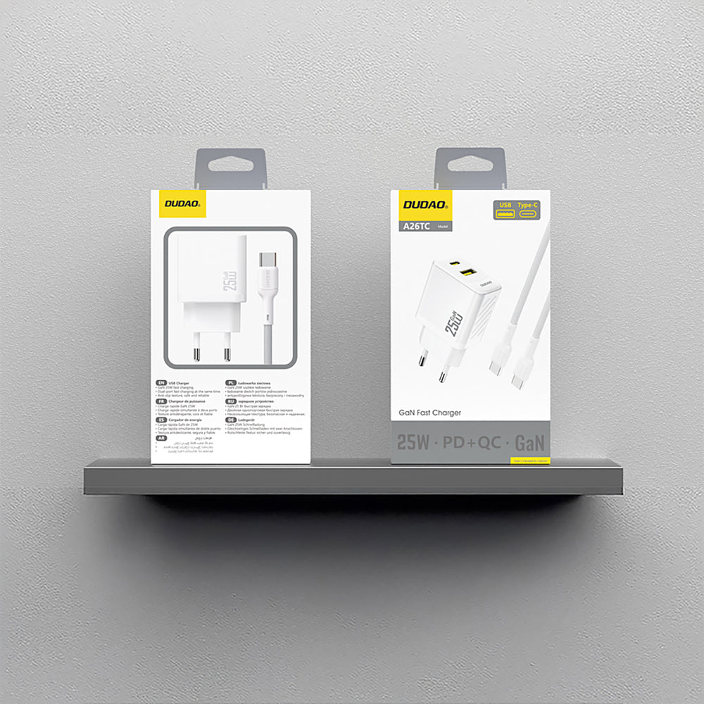 Dudao A26TCEU PD QC 25W GaN USB-A USB-C Wall Charger med USB-C-kabel - hvid