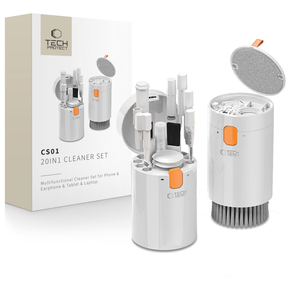 Tech-Protect 20-i-1 multifunktionelt rengøringsset til telefon, tablet, bærbar computer og hovedtelefoner - hvidt