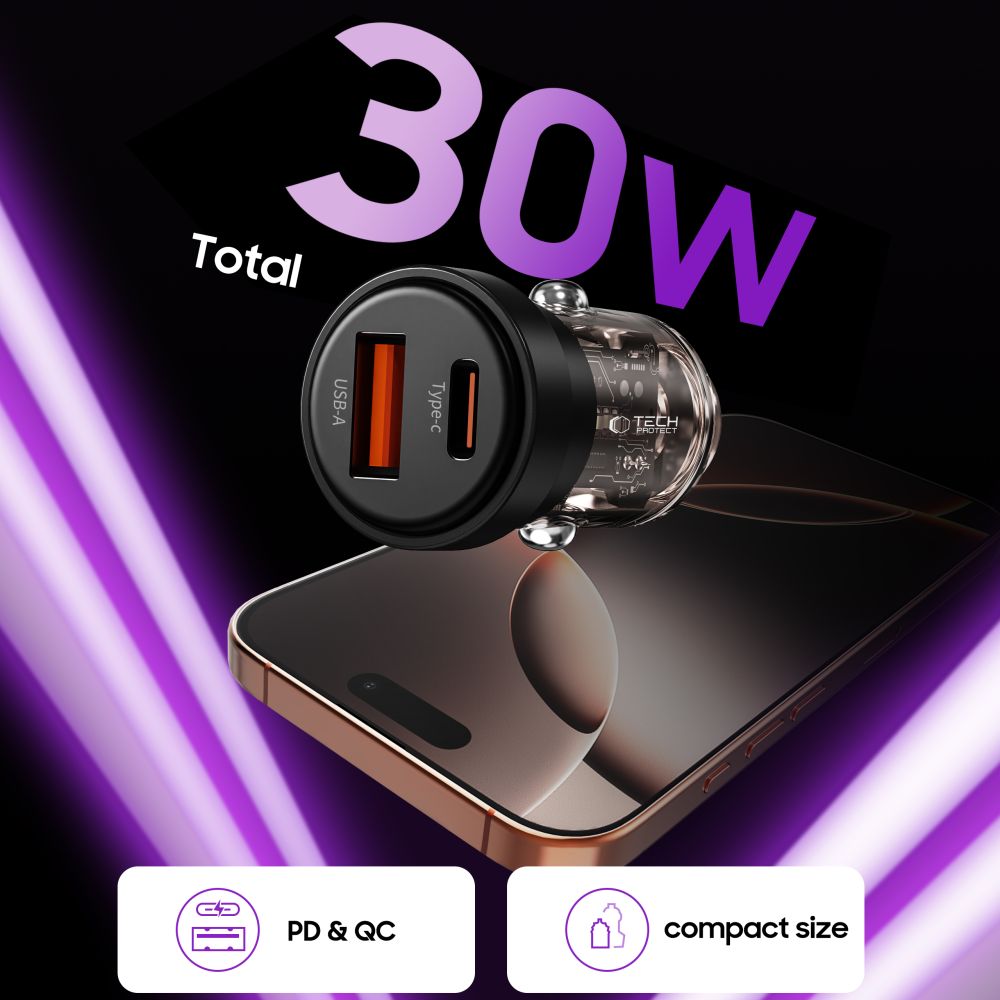 Tech-Protect CC03 30W 2-Port USB-A / USB-C Biloplader - sort