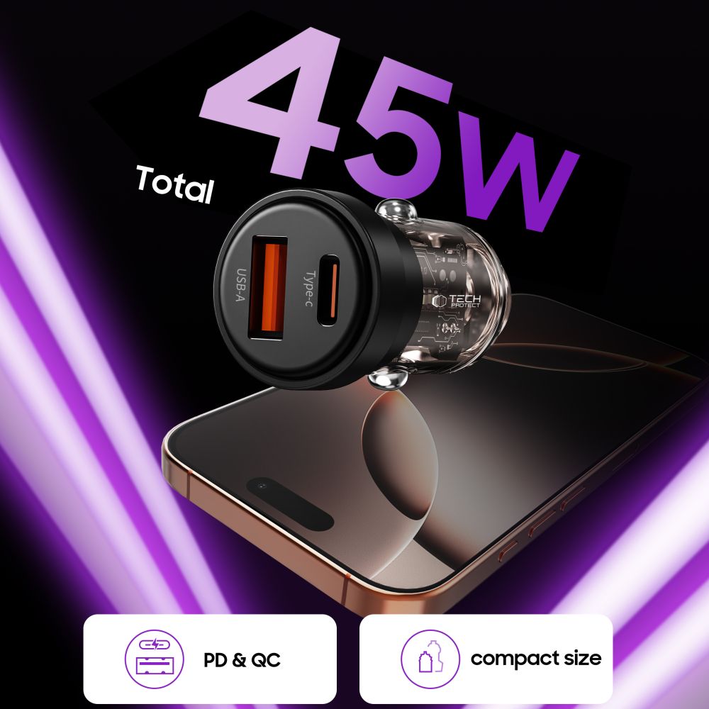 Tech-Protect CC03 45W 2-port USB-A / USB-C Biloplader - sort