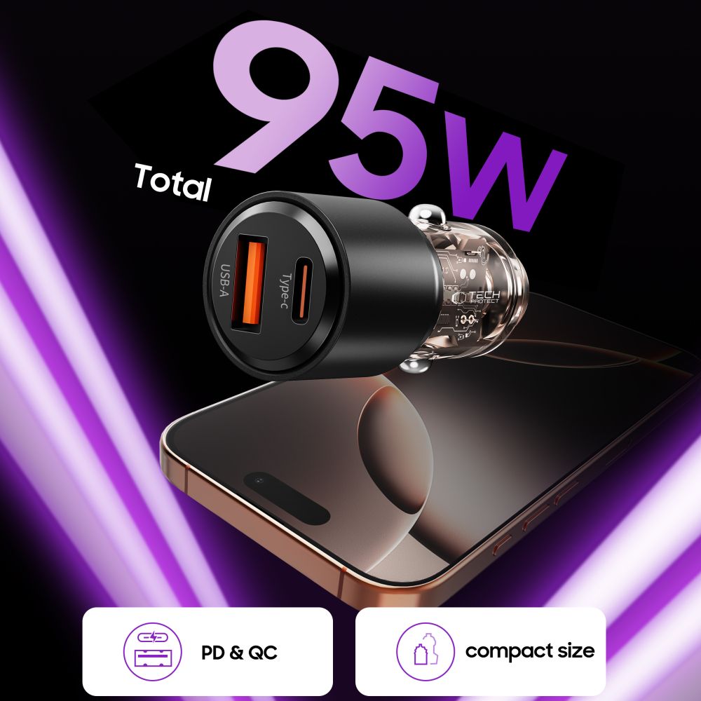 Tech-Protect CC03 95W 2-Port USB-A / USB-C Biloplader - sort