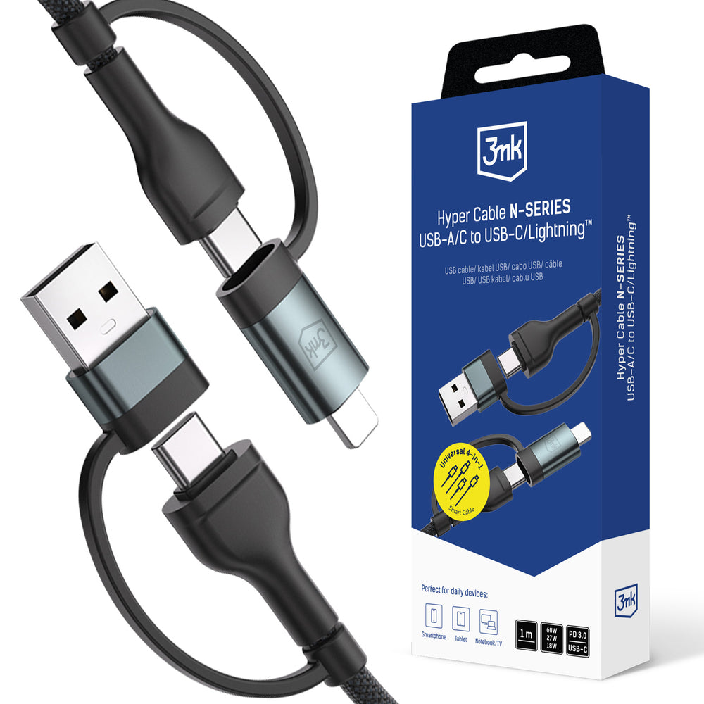 3mk Hyper Cable N-SERIES 2 i 2 USB-A / USB-C og USB-C / Lightning 1.2m QC 3.0 9V / 2A 60W - sort