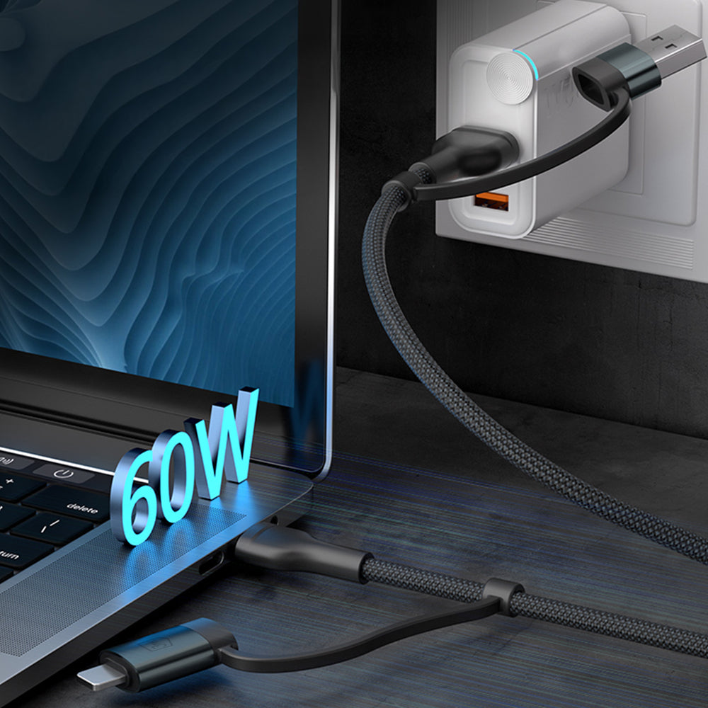 3mk Hyper Cable N-SERIES 2 i 2 USB-A / USB-C og USB-C / Lightning 1.2m QC 3.0 9V / 2A 60W - sort