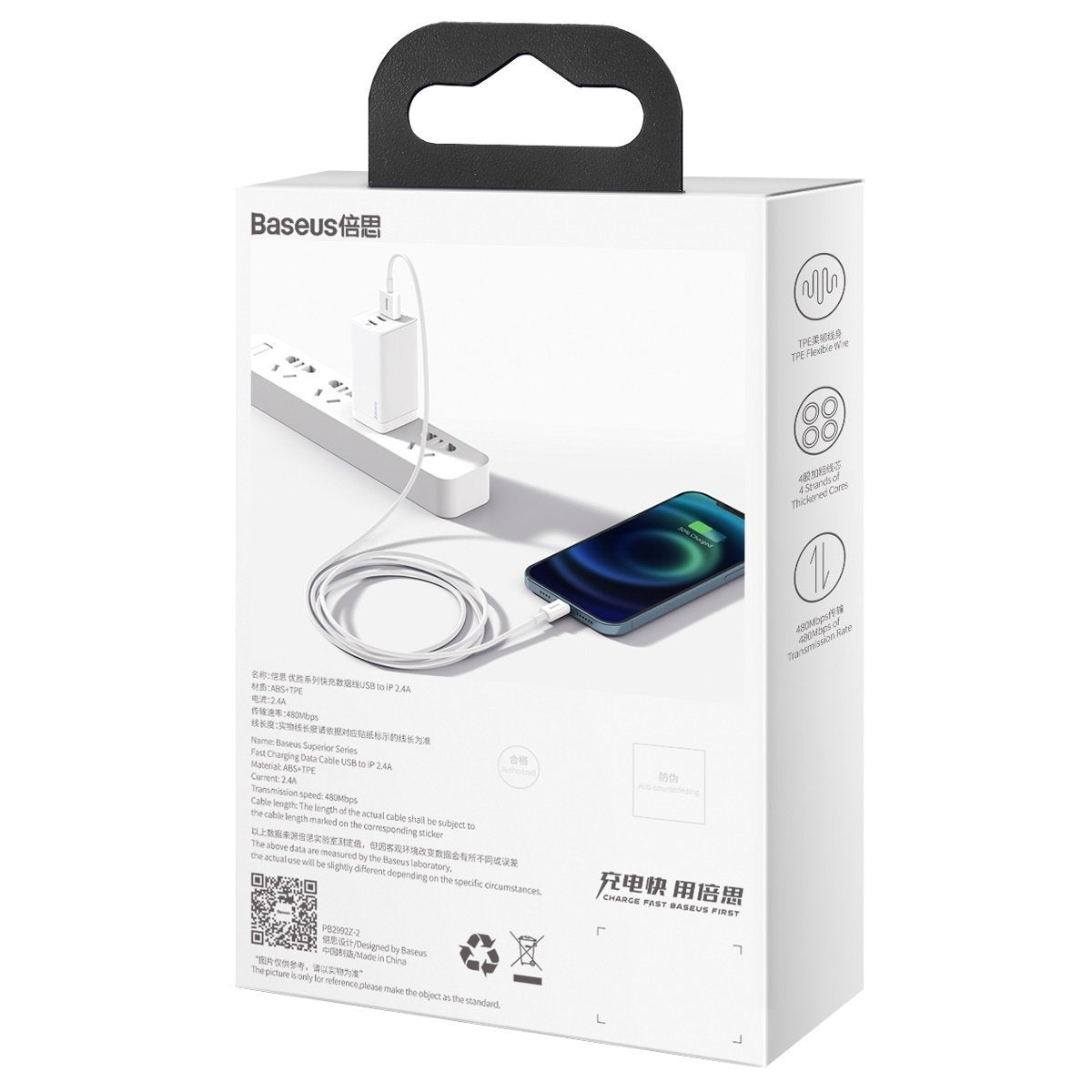 Baseus Superior-serien Kabel USB til Lightning, 2,4A, 1m (hvid)