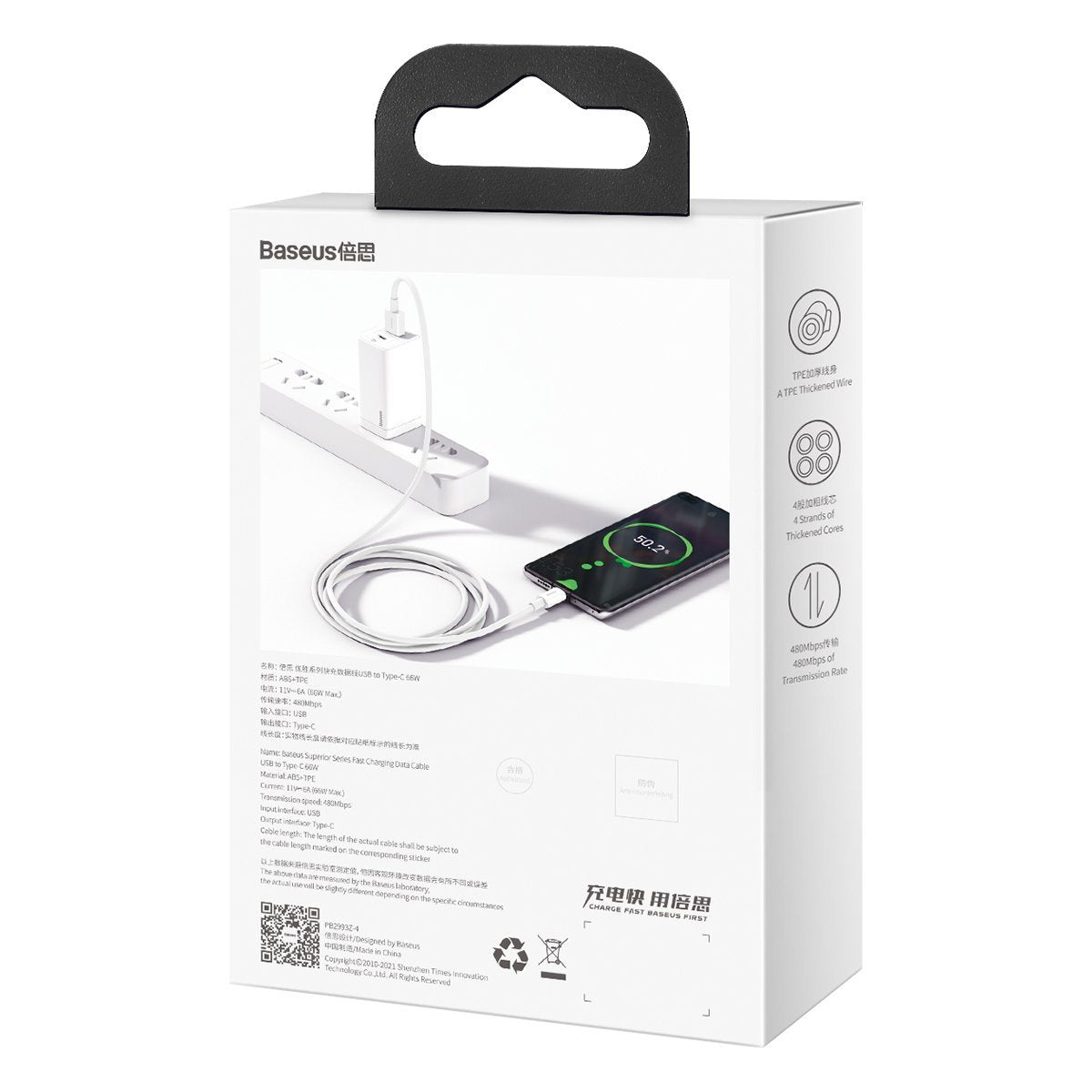 Baseus Superior-serien Kabel USB til USB-C, 66W, 2m (hvid)