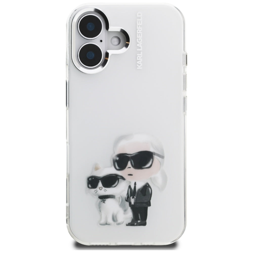 Karl Lagerfeld IML Aquarelle Karl & Choupette & Logo iPhone 16 Case - Hvid