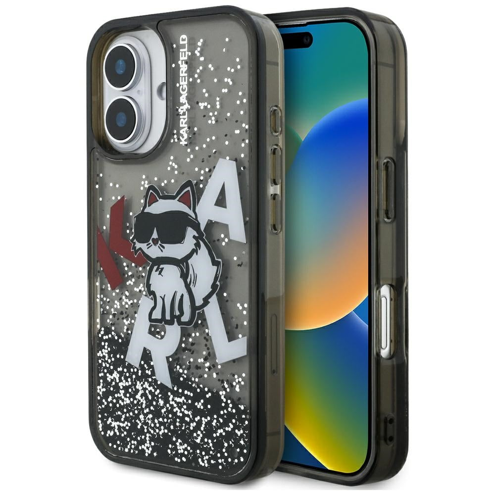 Karl Lagerfeld flydende glitter Choupette Logo iPhone 16 Case - sort