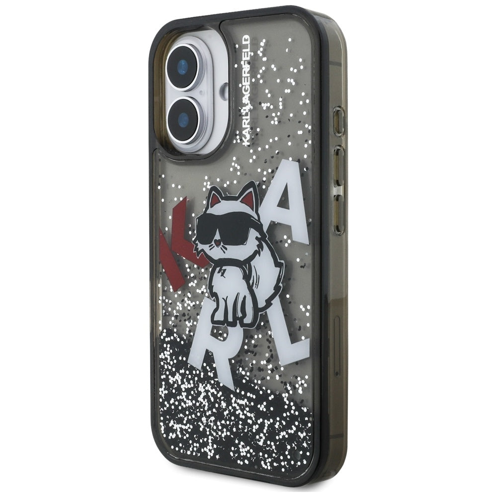 Karl Lagerfeld flydende glitter Choupette Logo iPhone 16 Case - sort