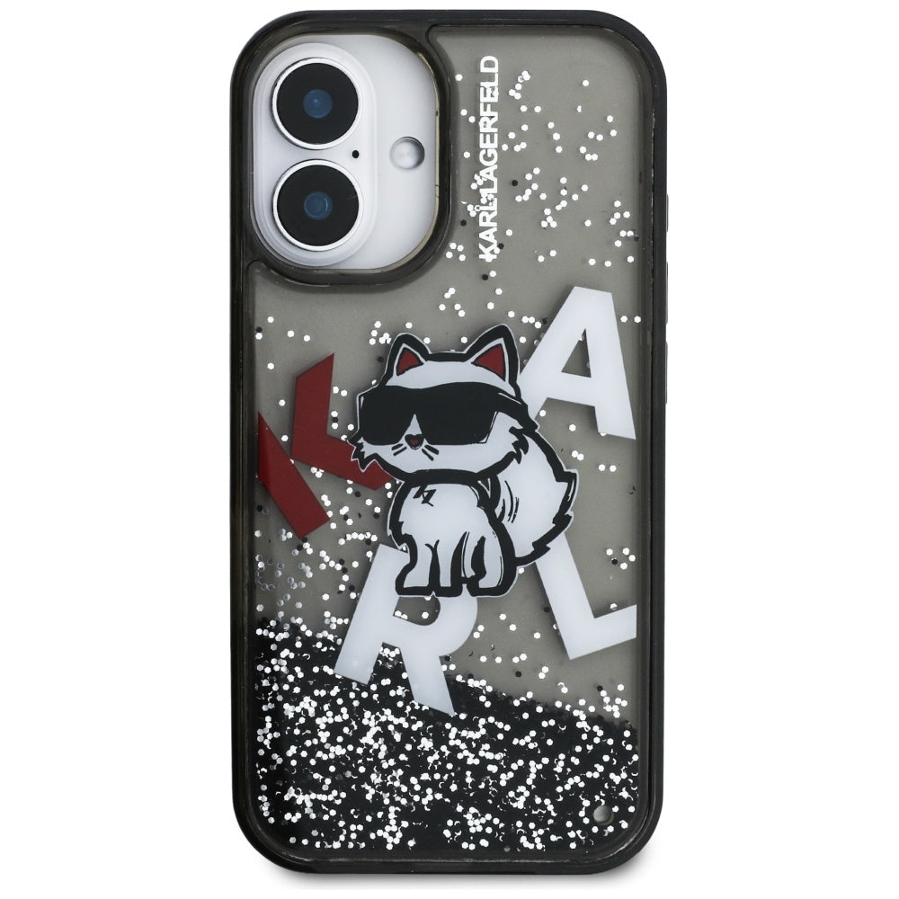 Karl Lagerfeld flydende glitter Choupette Logo iPhone 16 Case - sort