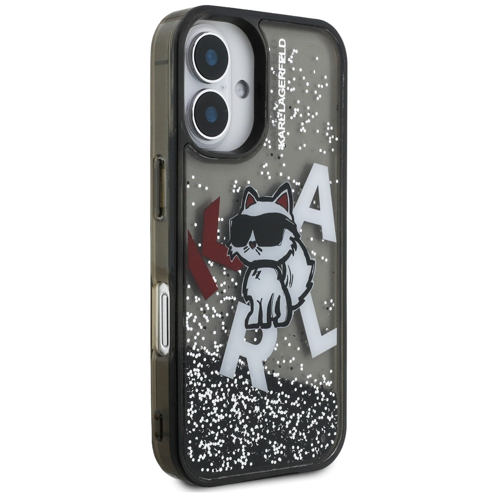 Karl Lagerfeld flydende glitter Choupette Logo iPhone 16 Case - sort