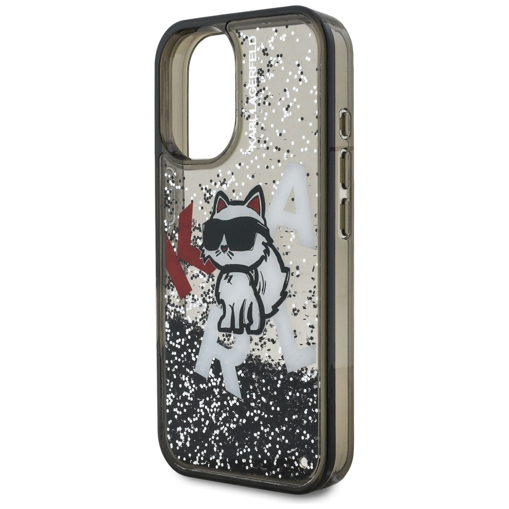 Karl Lagerfeld flydende glitter Choupette Logo iPhone 16 Case - sort