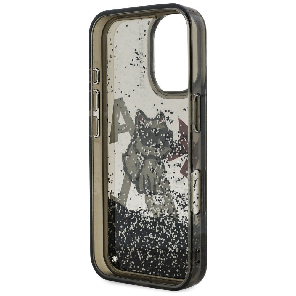 Karl Lagerfeld flydende glitter Choupette Logo iPhone 16 Case - sort