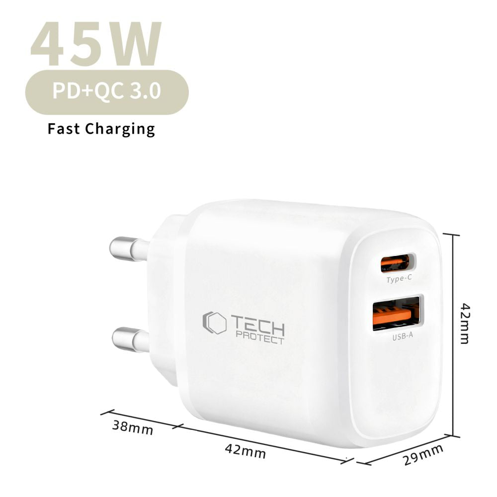 Tech-Protect NCA45W-GAN 2-port 45W vægoplader - hvid
